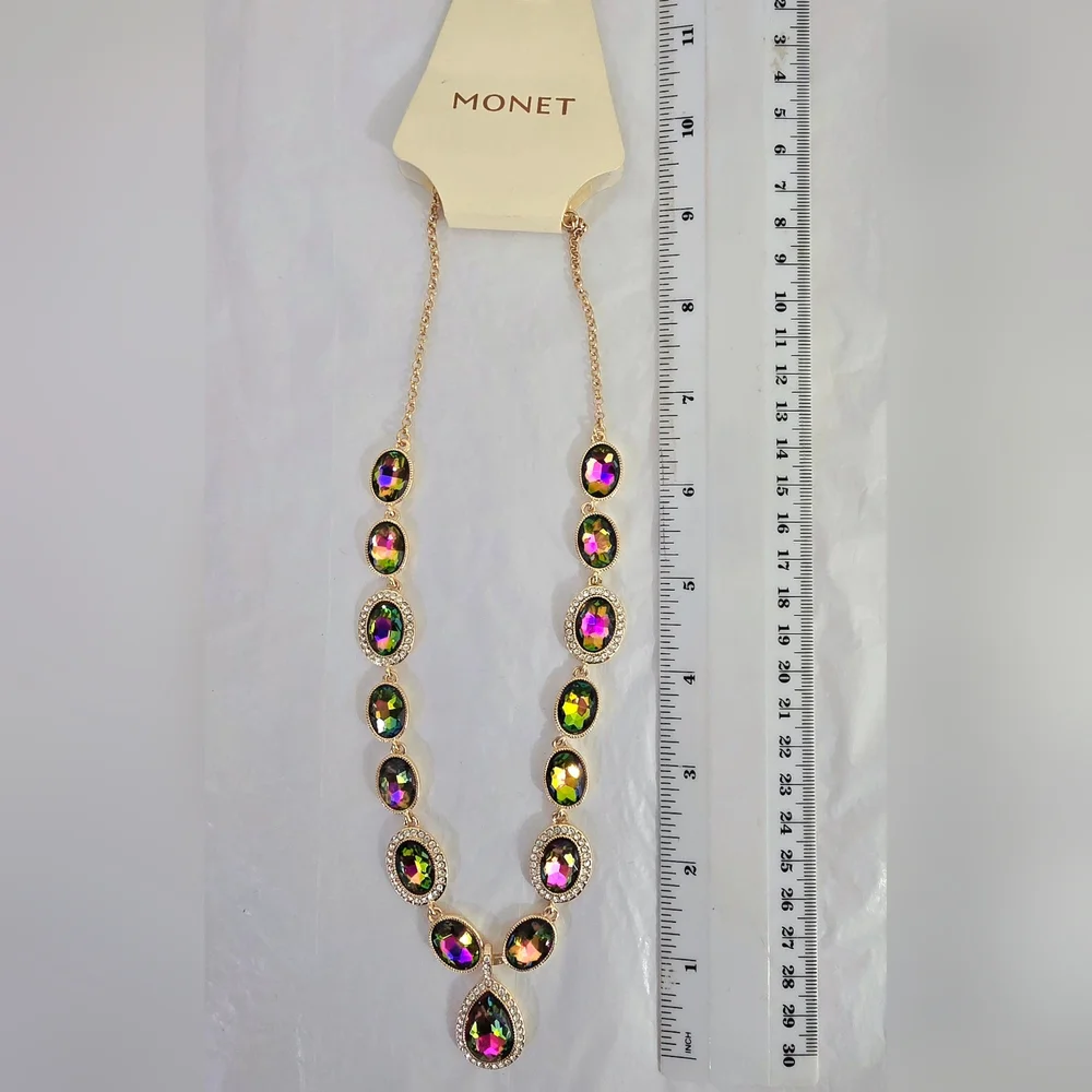 Monet Colorful Rainbow Stones Statement Necklace rainbow pink green yellow NWT - Picture 6 of 10